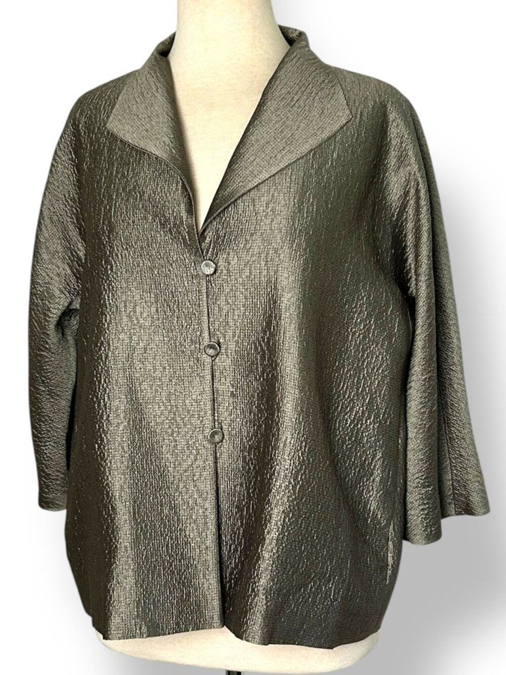 Eileen Fisher Matrix 100% Silk Lined Metallic Button Up Jacket Blazer Sz PL
